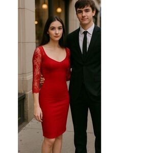 Y2K Vintage Florence Levy Paris red dress, rust color, XS/S, stretchy, lace arms